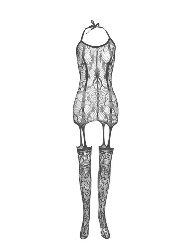 Erotic Open Crotch Jacquard Bodysuit 