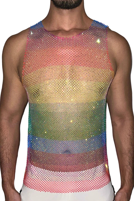 Mesh Premium Rhinestone Raw Cut Tank Top - Rainbow