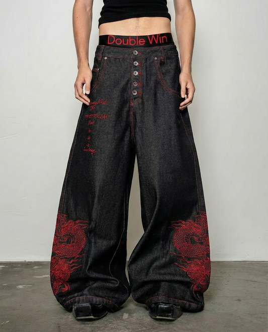 Red Dragon Embroidered Denim Pants