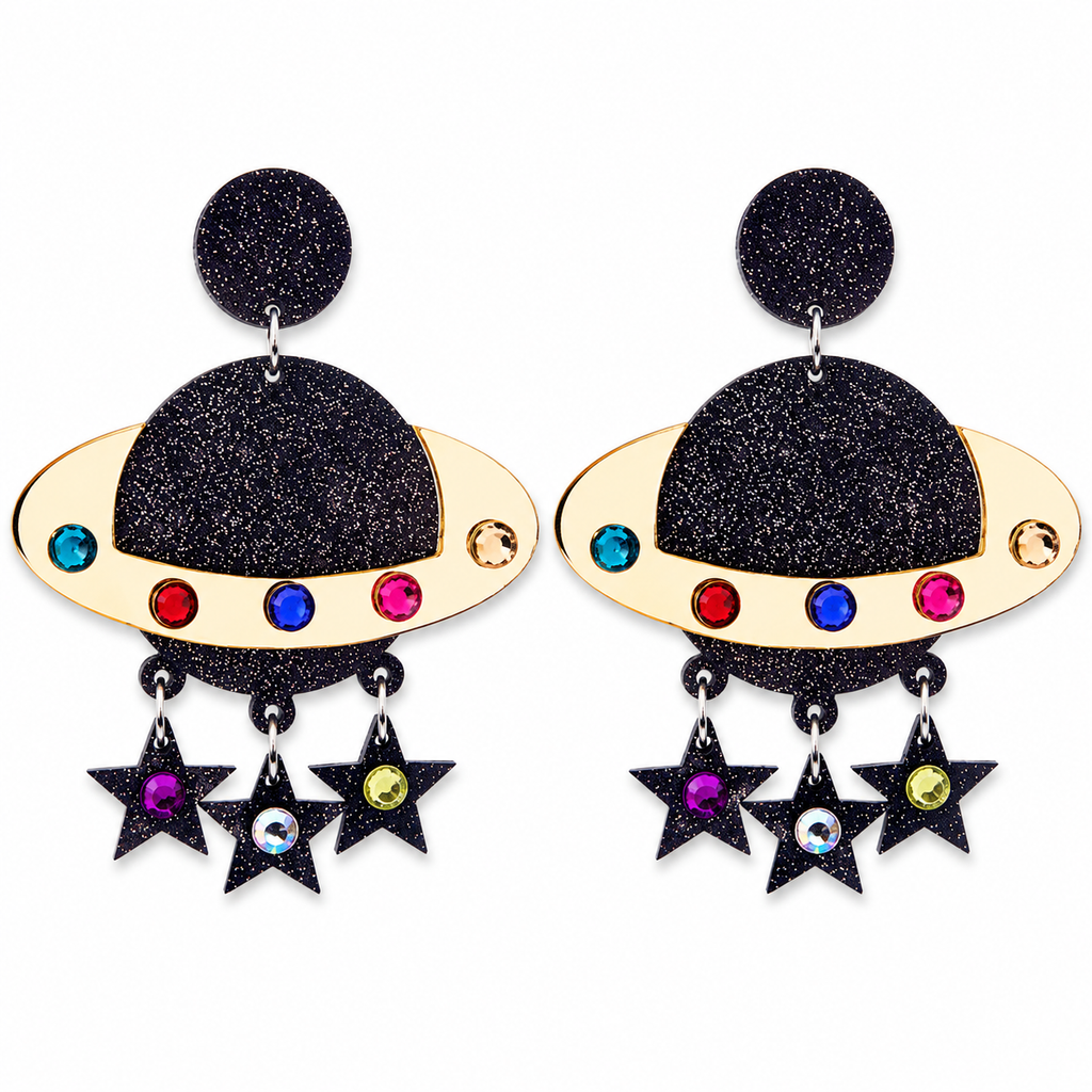 Glitter Planet & Star Drop Earrings