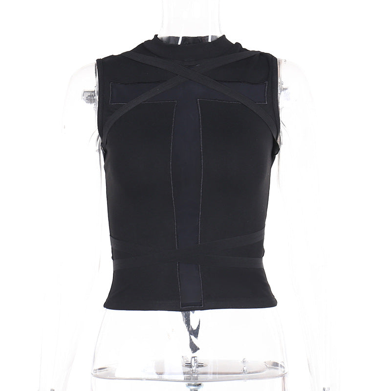 Gothic Cross Lace-Up Sleeveless Top