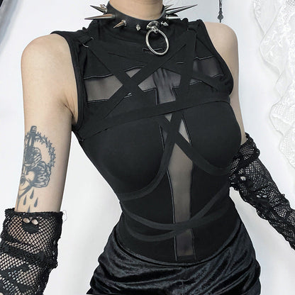 Gothic Cross Lace-Up Sleeveless Top