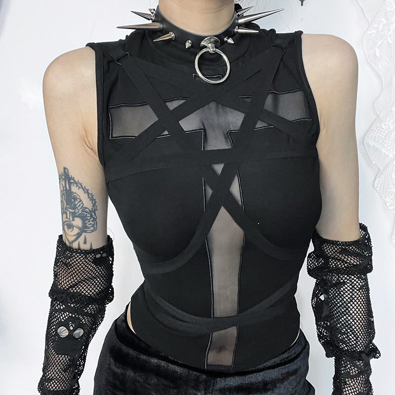 Gothic Cross Lace-Up Sleeveless Top