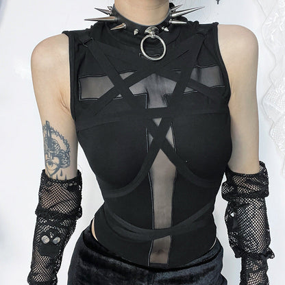Gothic Cross Lace-Up Sleeveless Top