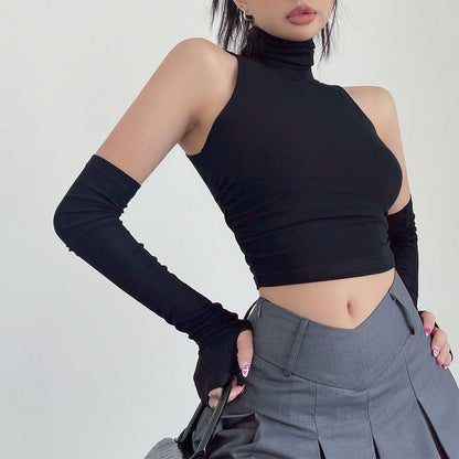 Halter Turtleneck Crop Top & Arm Sleeves Set