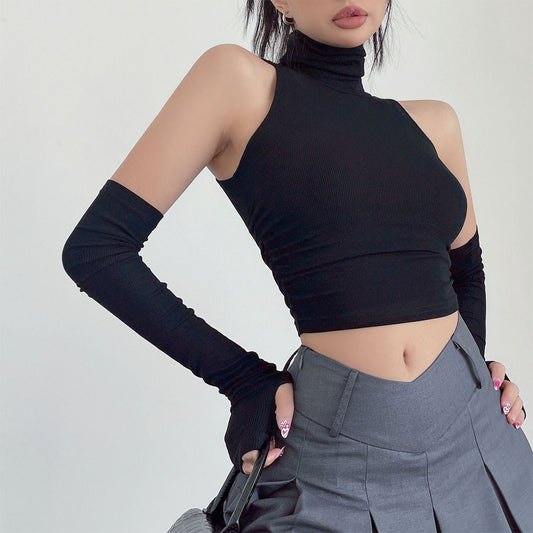 Halter Turtleneck Crop Top & Arm Sleeves Set