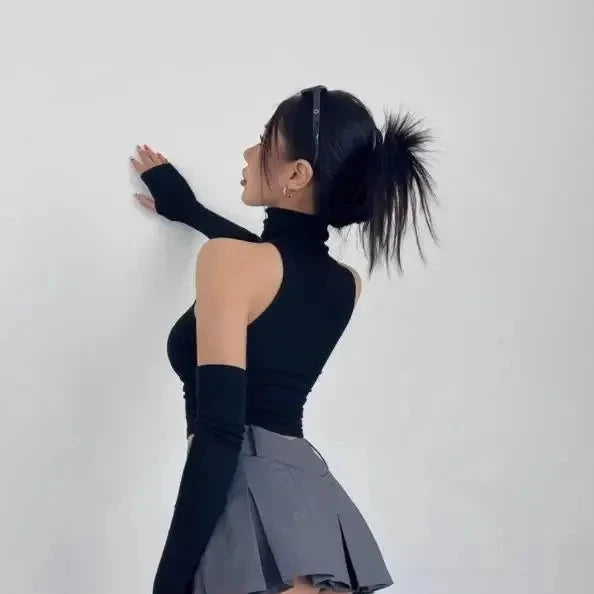 Halter Turtleneck Crop Top & Arm Sleeves Set