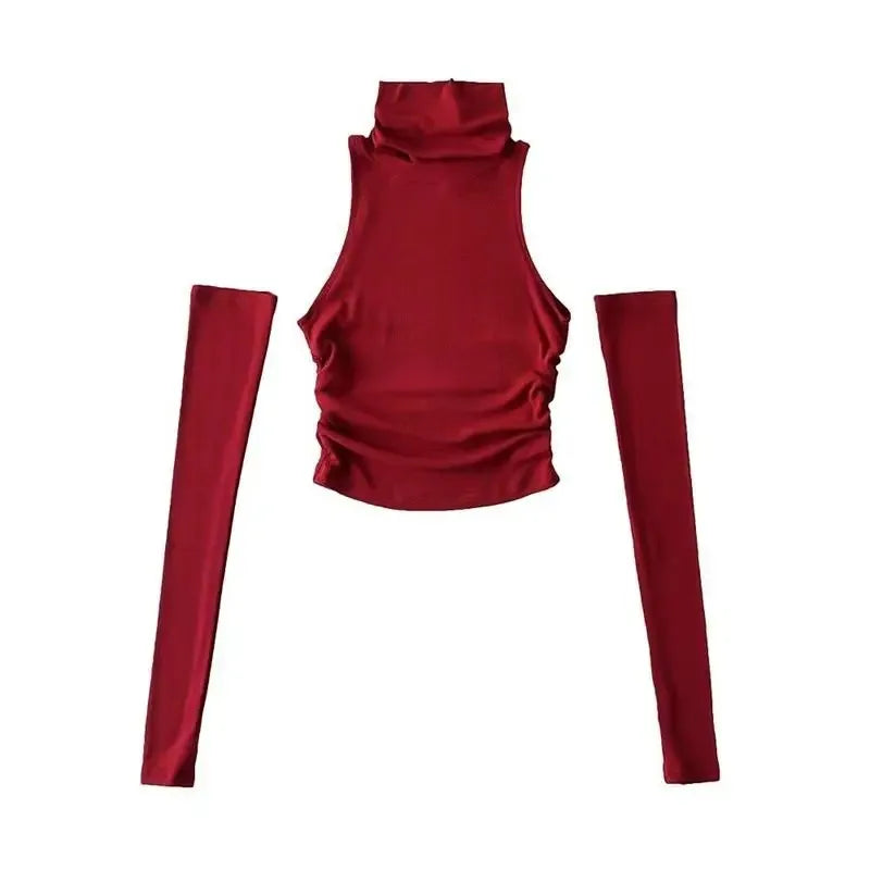 Halter Turtleneck Crop Top & Arm Sleeves Set