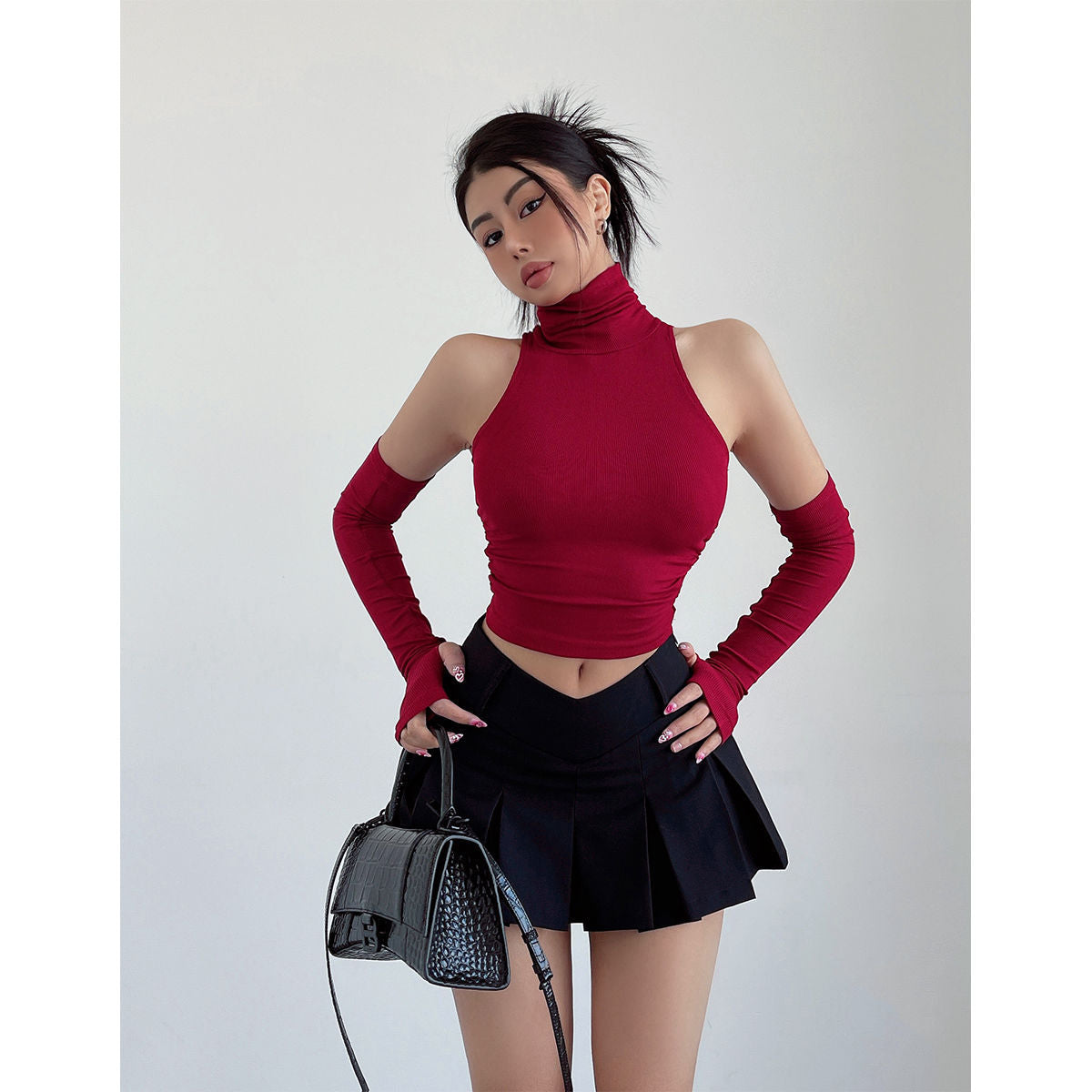 Halter Turtleneck Crop Top & Arm Sleeves Set