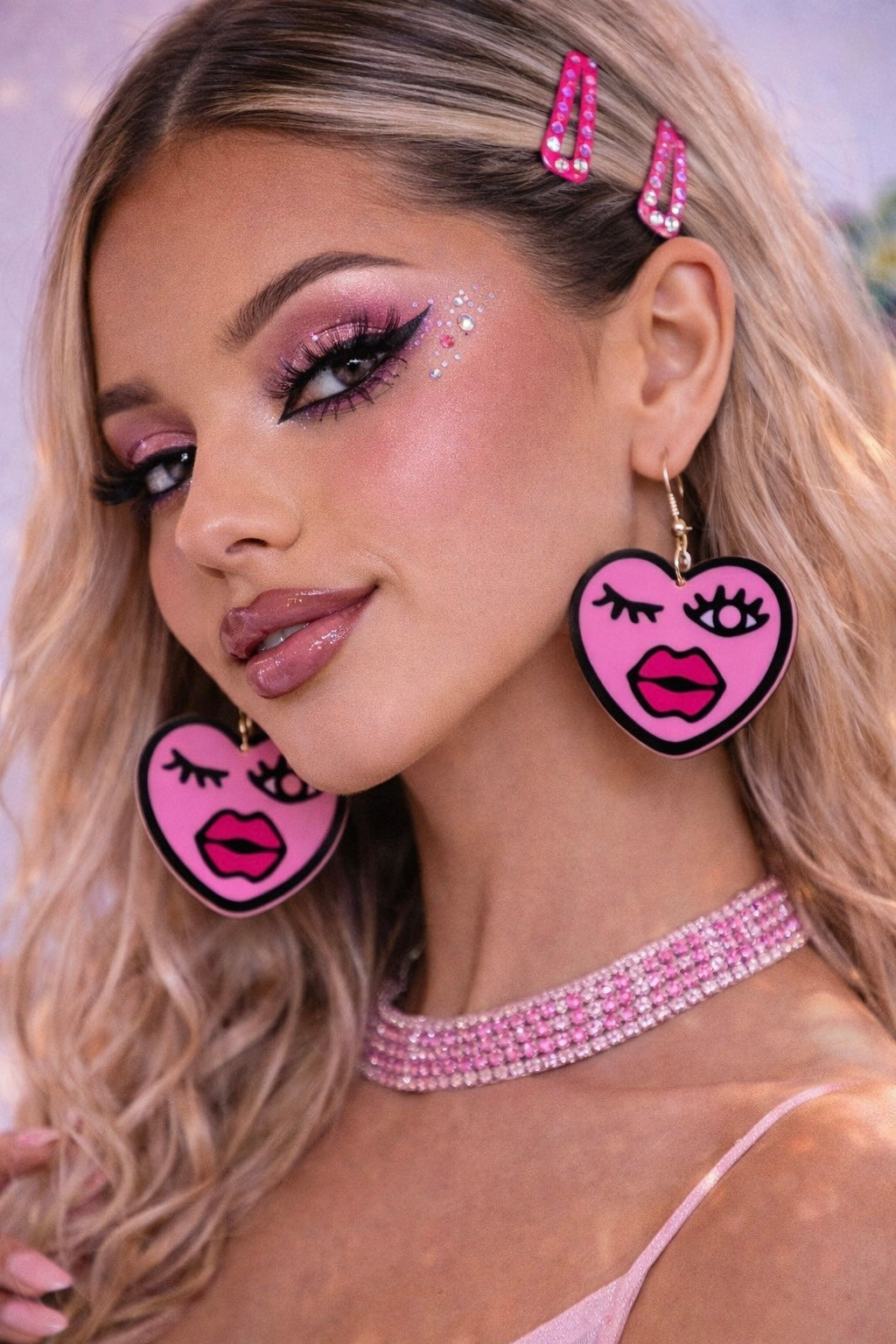 Pink Heart Face Drop Earrings