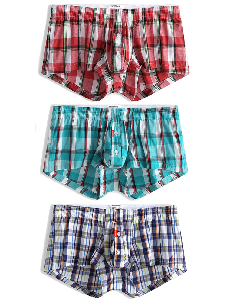 Mens Plaid Front Pouch Boxer Shorts