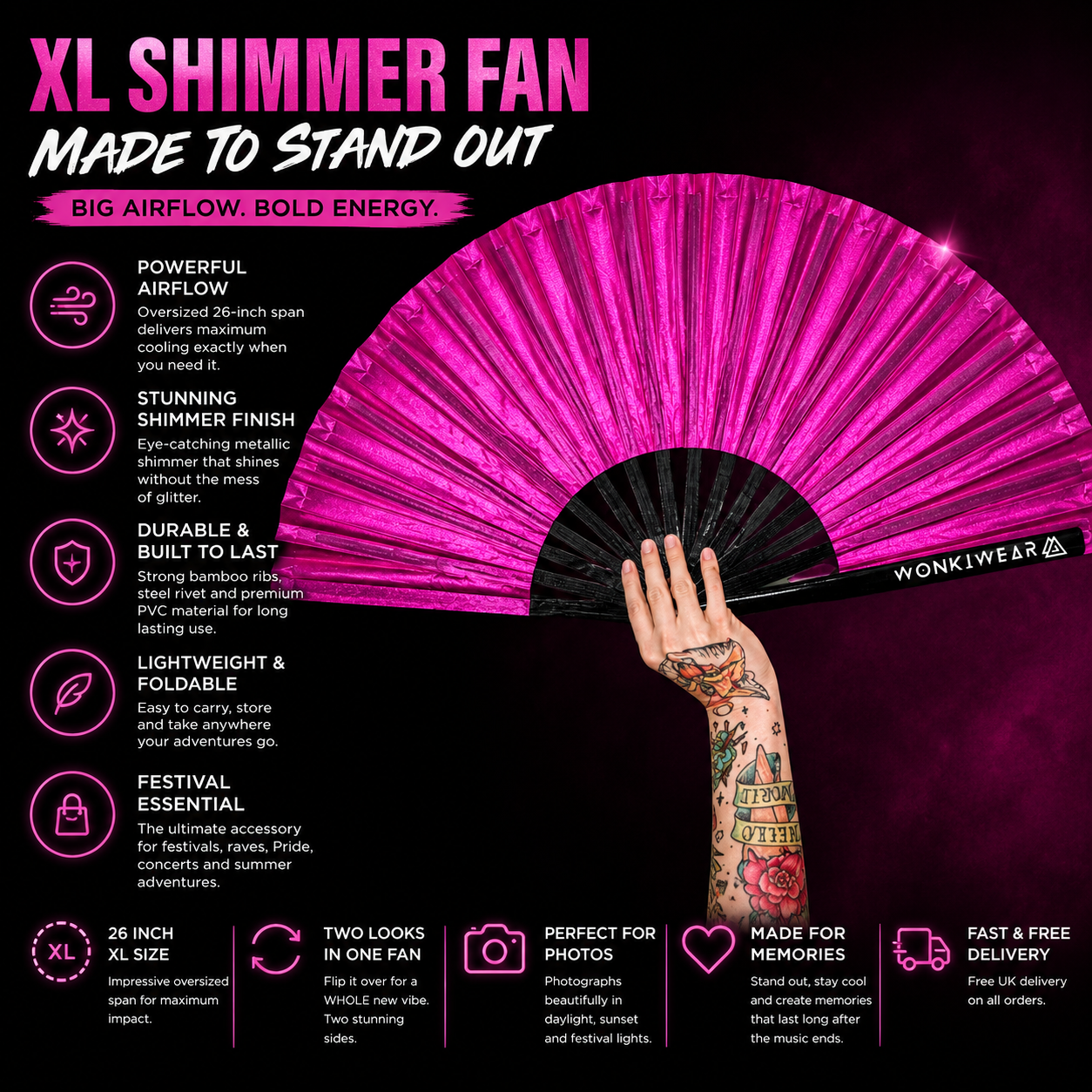 Hot Pink Shimmer Metallic XL Festival Fan