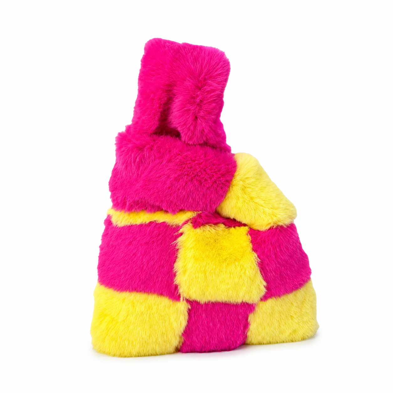 Hot Pink & Yellow Chequered Faux Fur Wristlet Bag