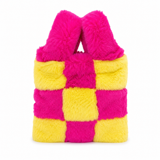 Hot Pink & Yellow Chequered Faux Fur Wristlet Bag