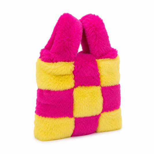 Hot Pink & Yellow Chequered Faux Fur Wristlet Bag