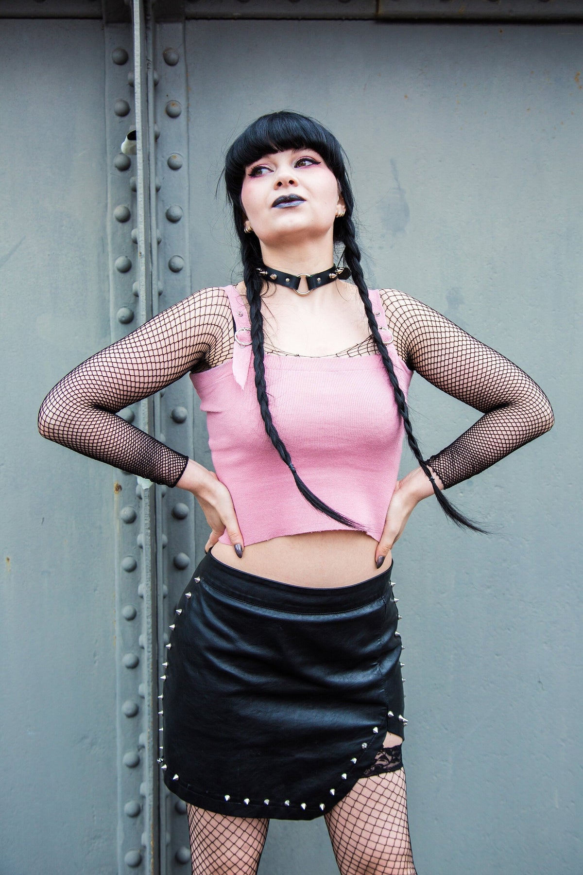 Black Leather Studded O Ring Choker