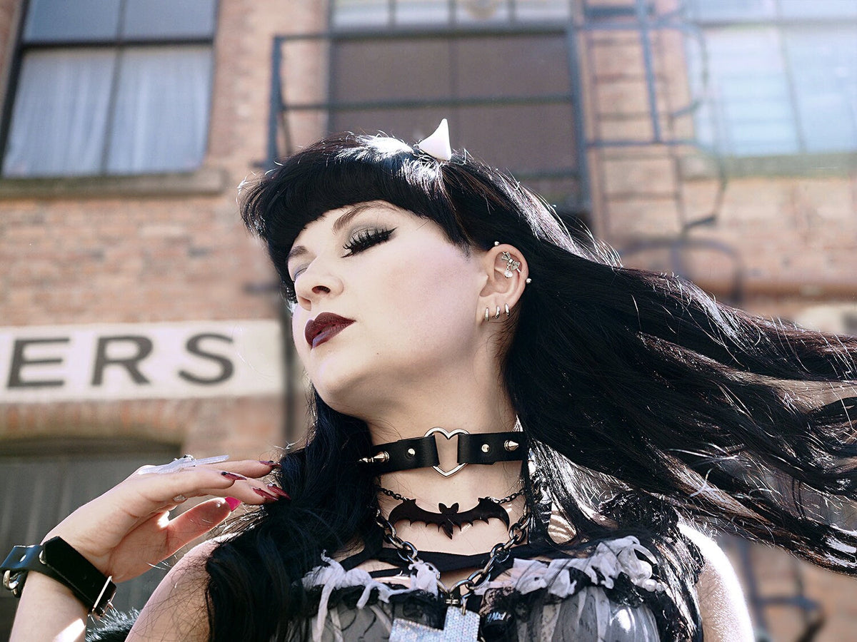 Black Leather Studded Heart Ring Choker