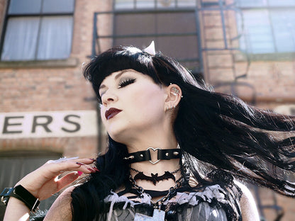 Black Leather Studded Heart Ring Choker