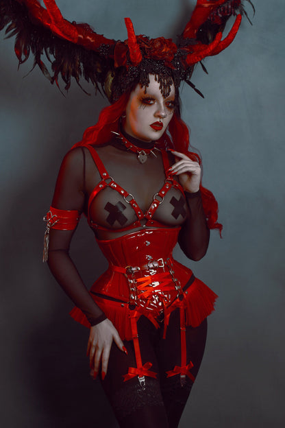 Red Vegan Leather Cage Harness Bra