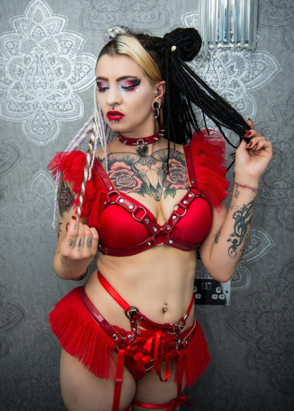 Red Vegan Leather Ruffled Harness Bra