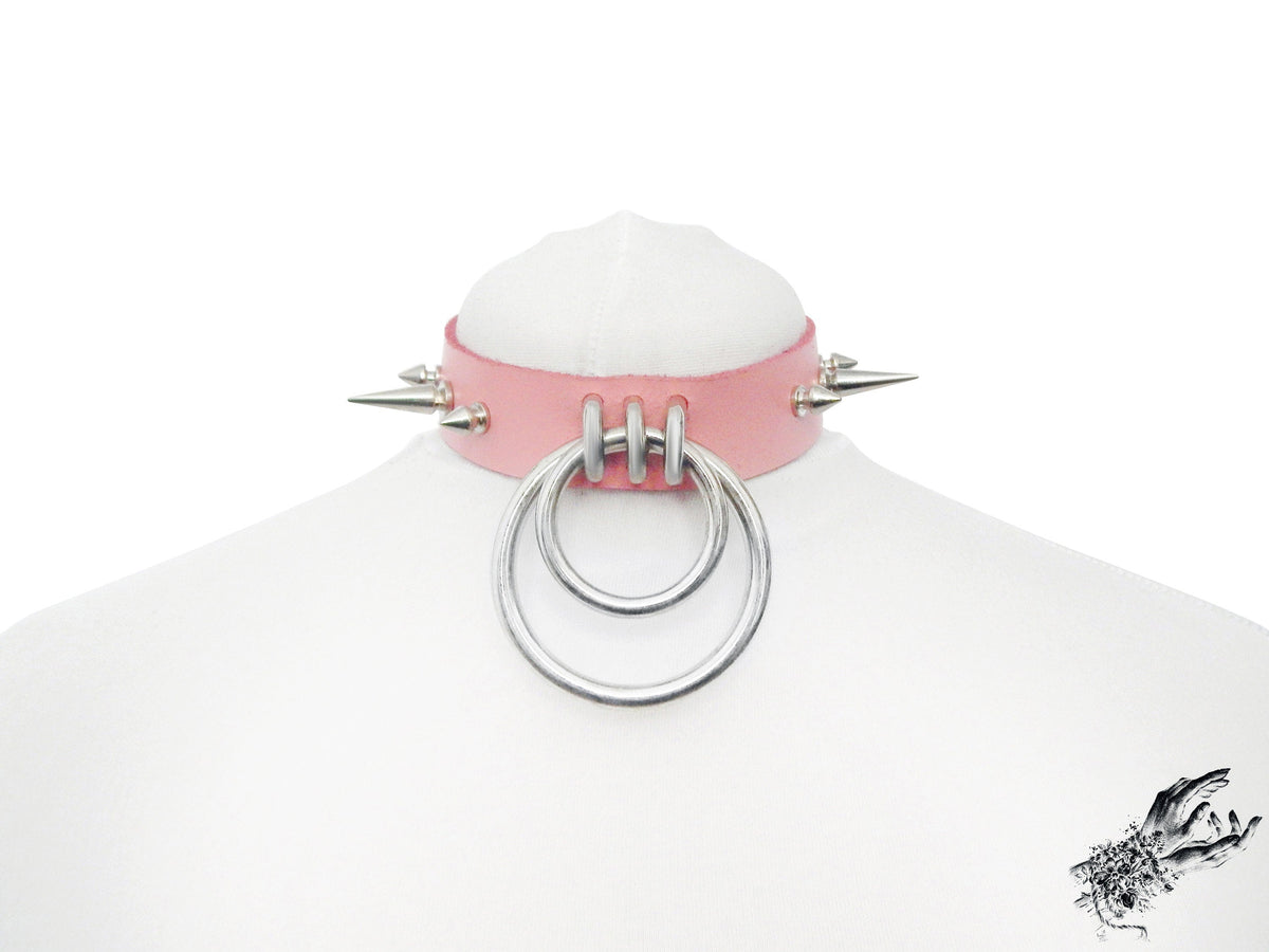 Pink Studded Double O Ring Choker (Long and Short Spikes)