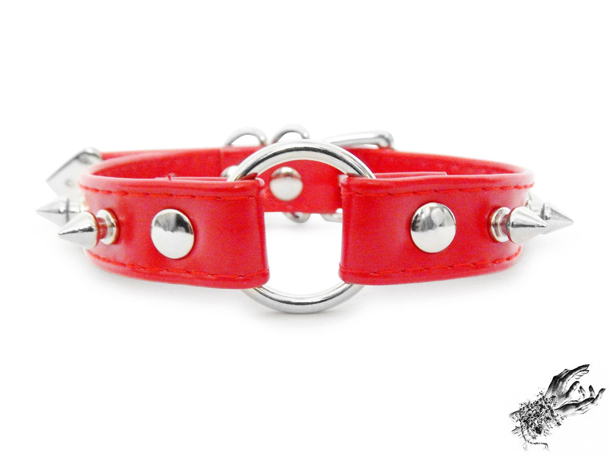 Red Faux Leather Studded O Ring Choker
