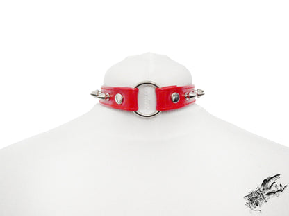 Red Faux Leather Studded O Ring Choker