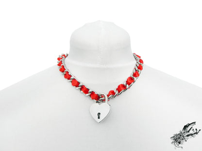 Red Ribbon Chain and Heart Padlock Choker