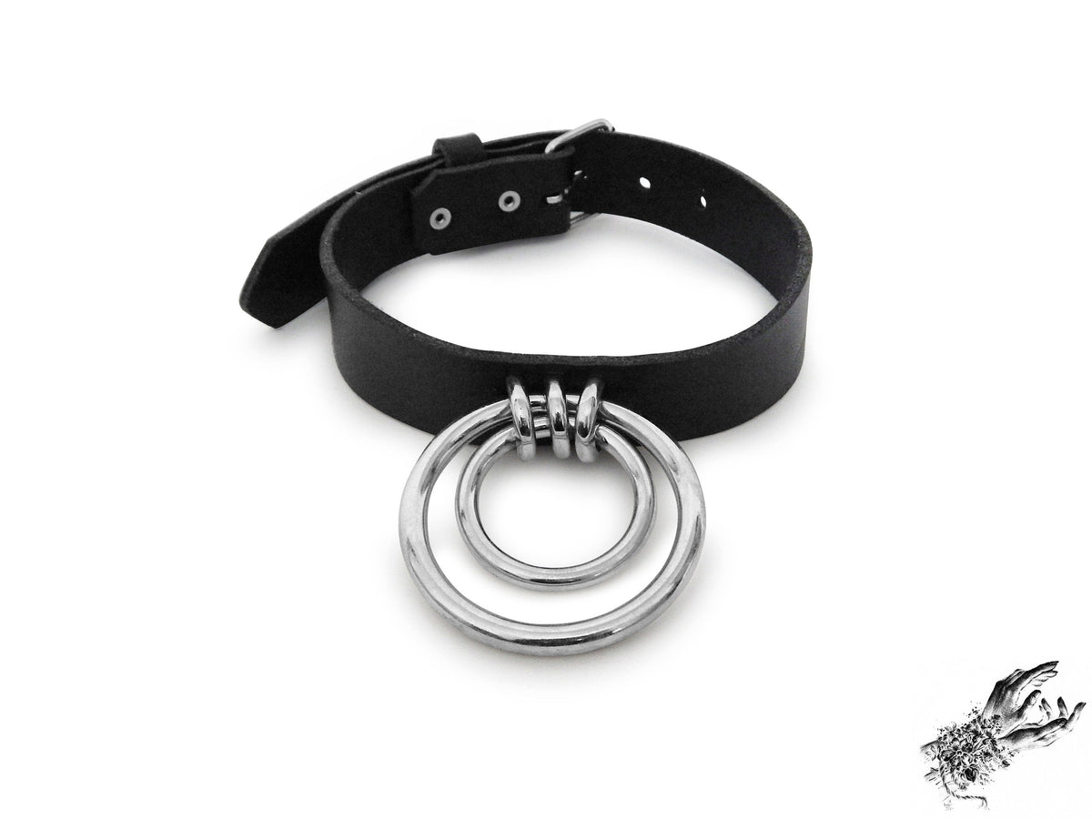 Black Leather Double O Ring Choker