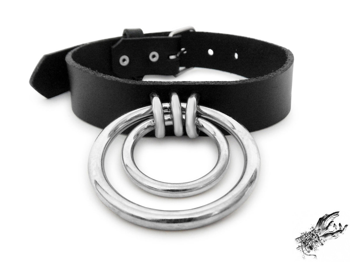 Black Leather Double O Ring Choker