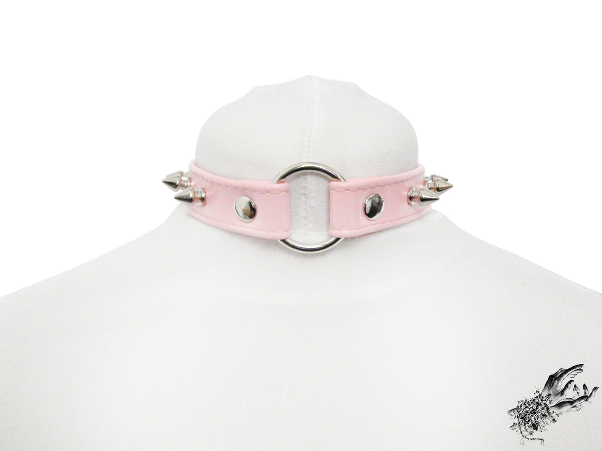 Pink Faux Leather Studded O Ring Choker