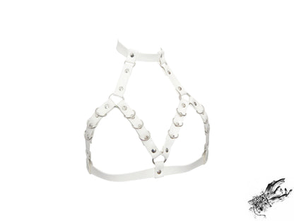 White Vegan Leather D Ring Harness Bra