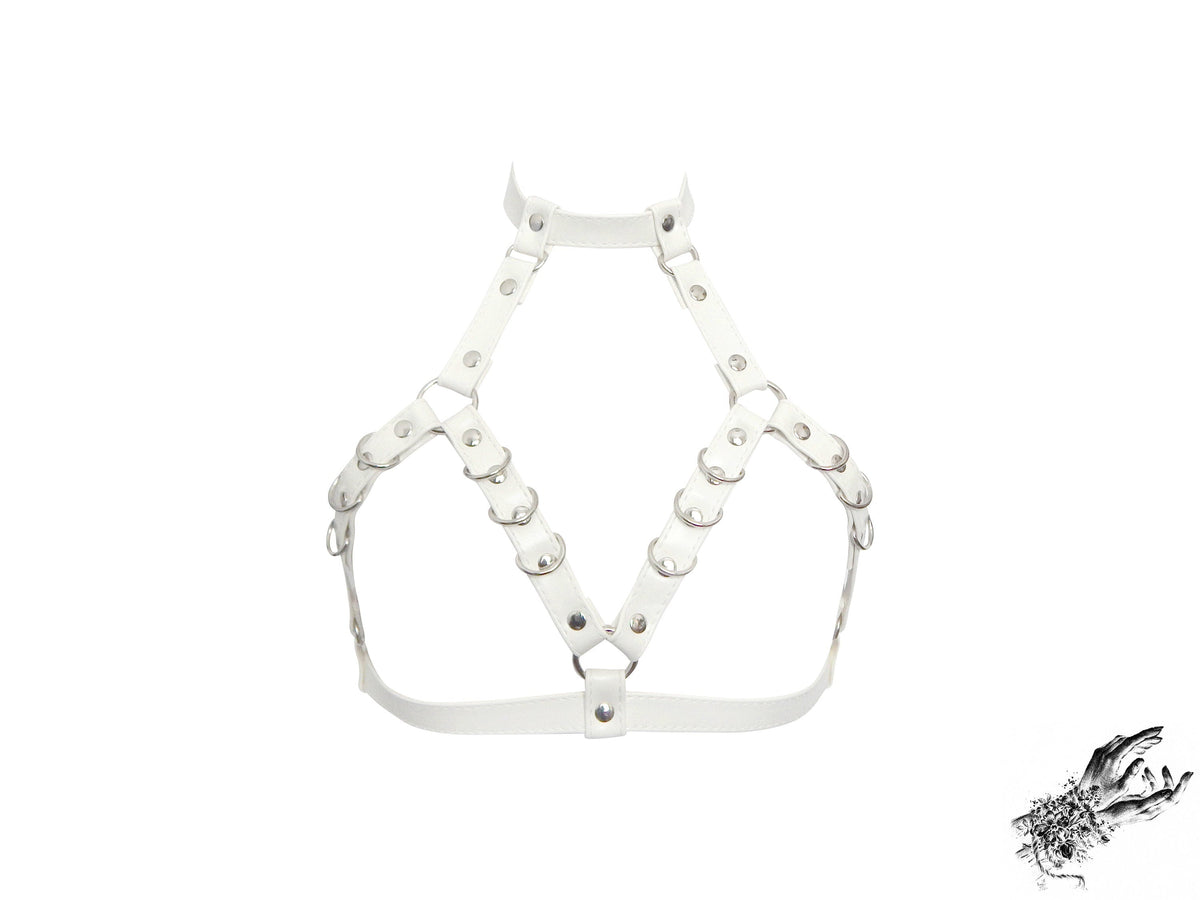 White Vegan Leather D Ring Harness Bra