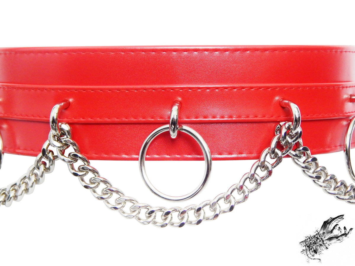 Red Vegan Leather O Ring and Chain Belt