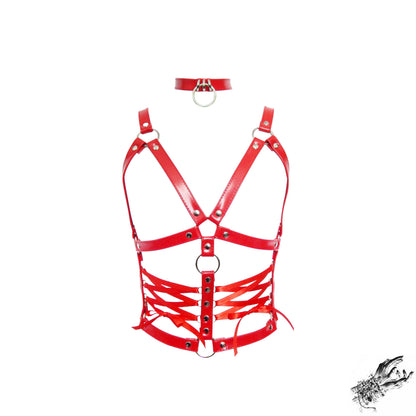 Red Vegan Leather Corset Harness Bra