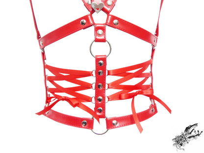 Red Vegan Leather Corset Harness Bra