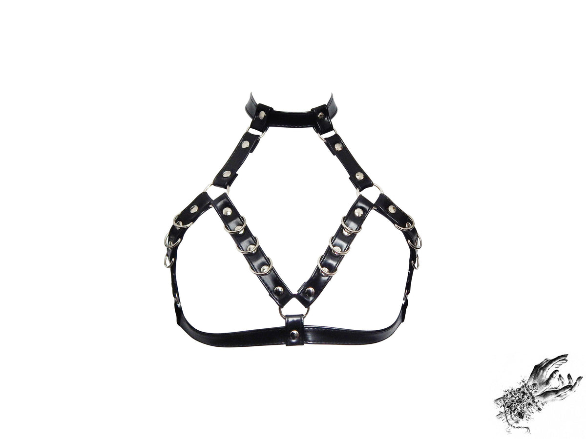 Black Faux Leather D Ring Harness Bra