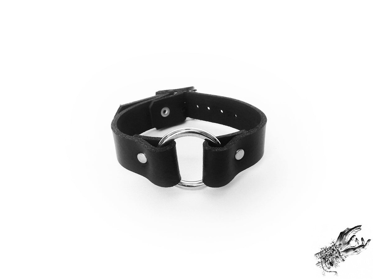 Black Leather O Ring Ankle Cuffs