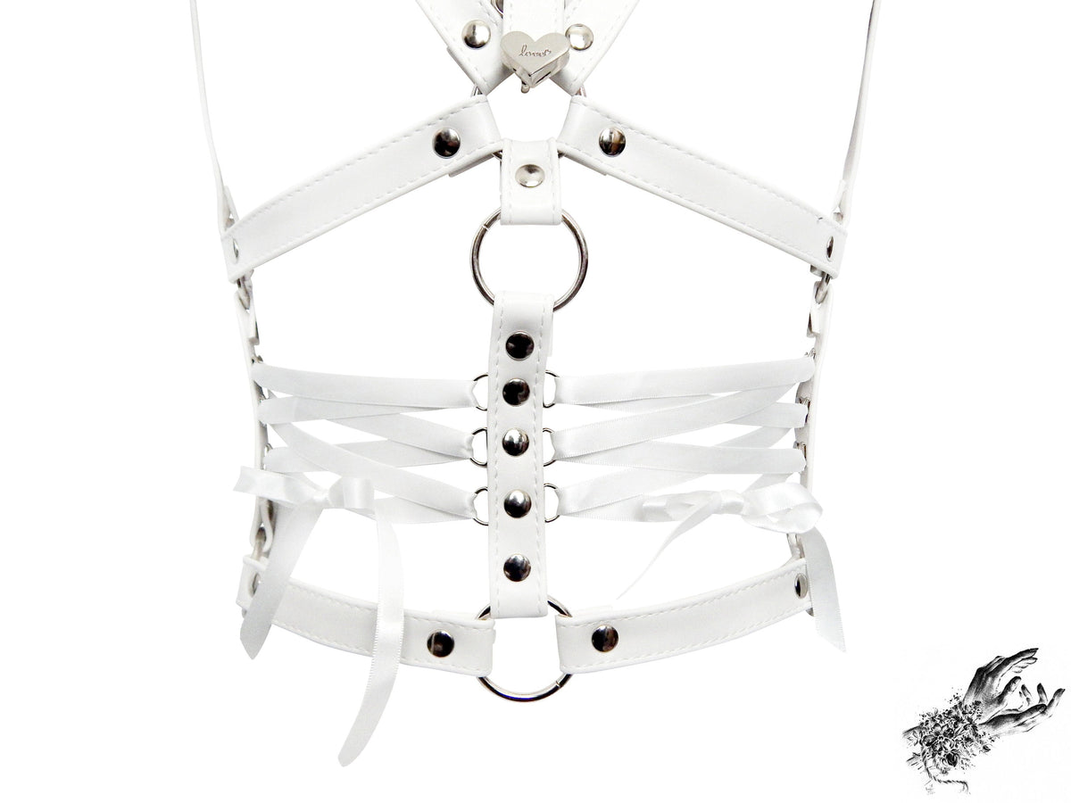 White Vegan Leather Corset Harness Bra