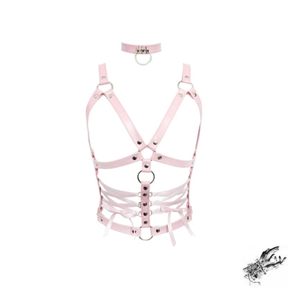 Pink Vegan Leather Corset Harness Bra