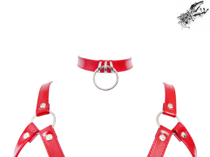 Red Vegan Leather Corset Harness Bra