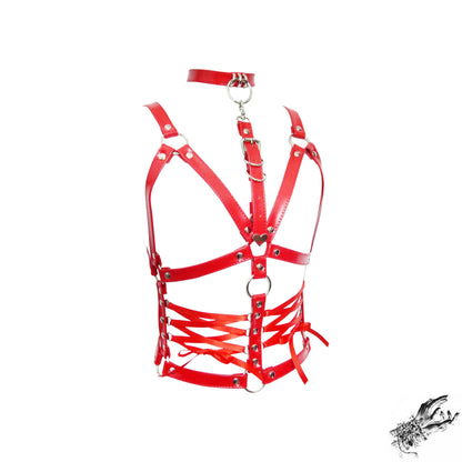Red Vegan Leather Corset Harness Bra