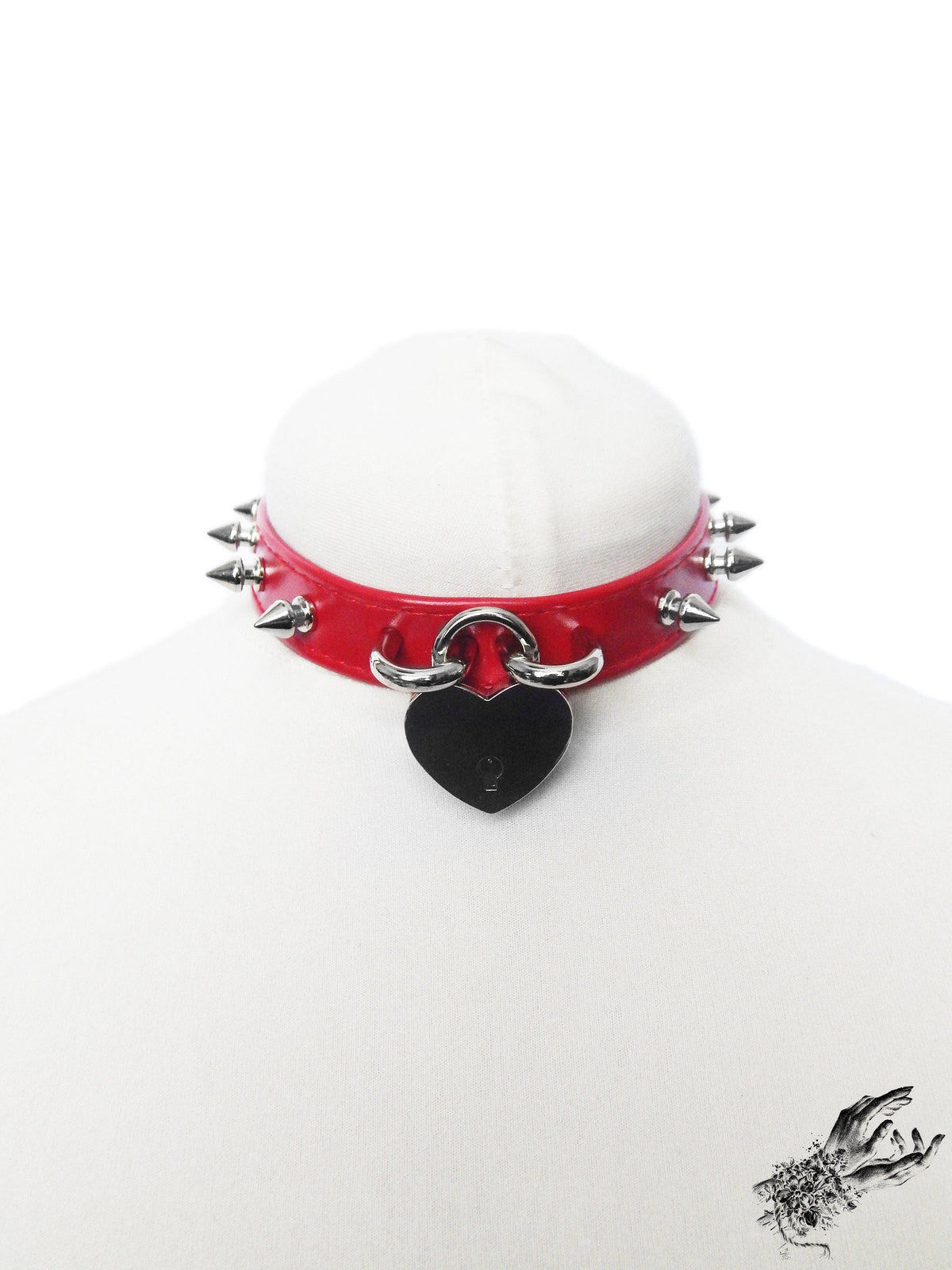 Red Faux Leather Studded Heart Padlock Choker with Key