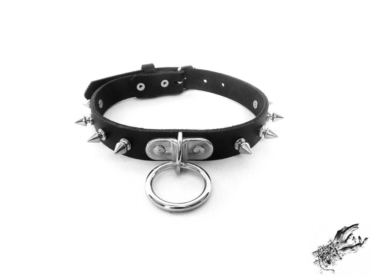 Black Leather Studded D and O Ring Choker