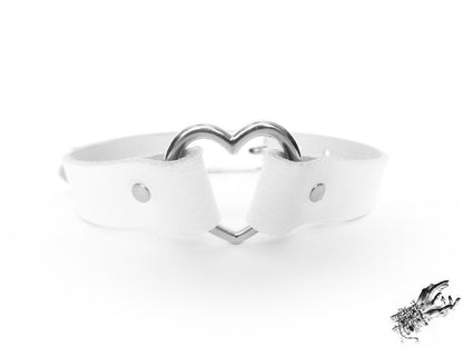 White Leather Heart Ring Choker