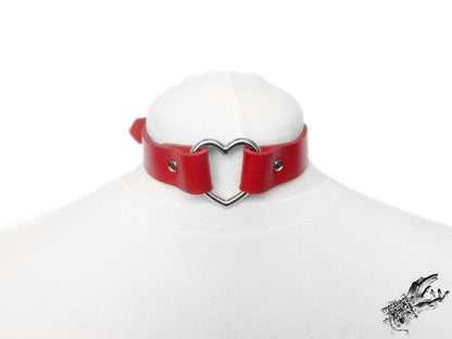 Red Leather Heart Ring Choker