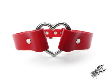 Red Leather Heart Ring Choker