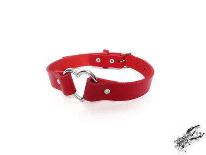 Red Leather Heart Ring Choker