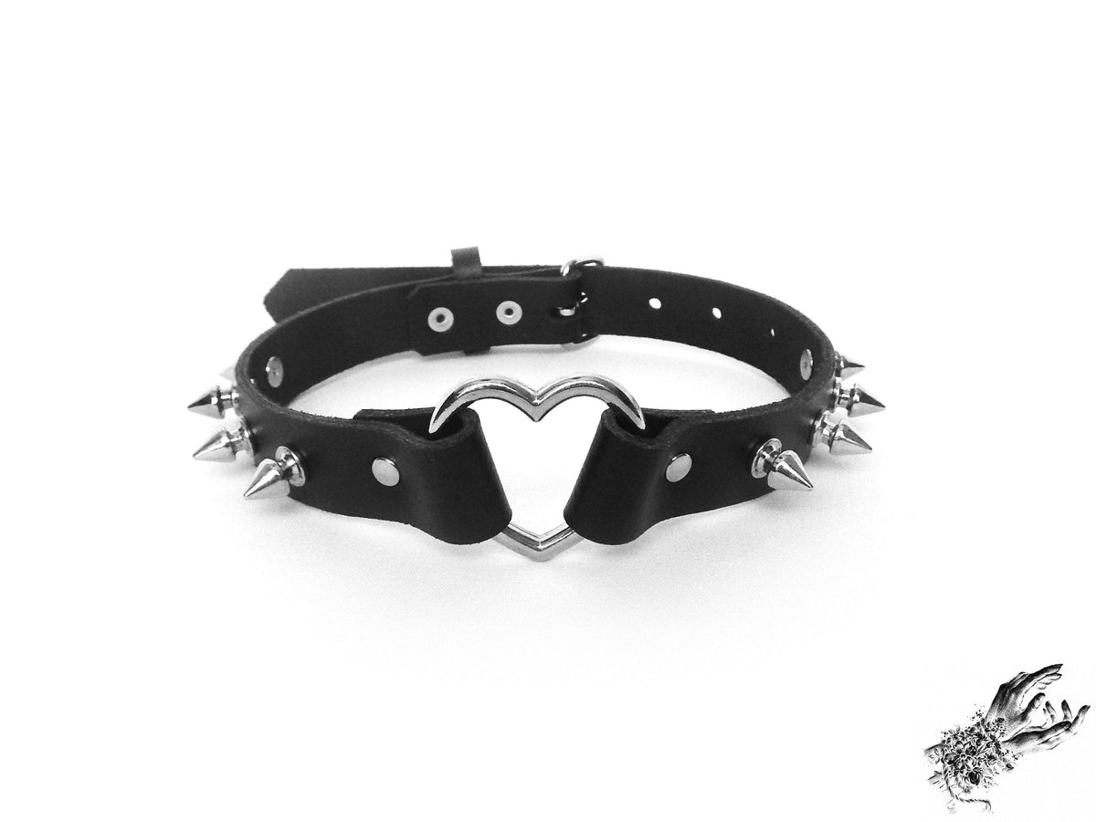 Black Leather Studded Heart Ring Choker