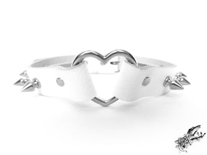 White Leather Studded Heart Ring Choker
